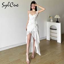 Nibber White Sweet Gentle Mature Ruffles Beautiful Summer Street Out Women'S Thin Perspective Tassel Design Long Sling Dress